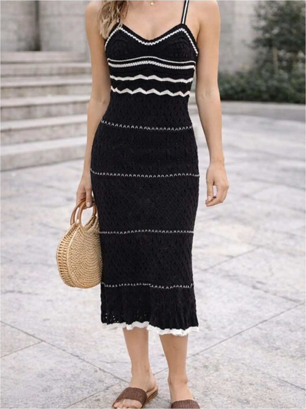 Olive + Oak Black Crochet Midi Skirt - Knit Detail Sizs Medium